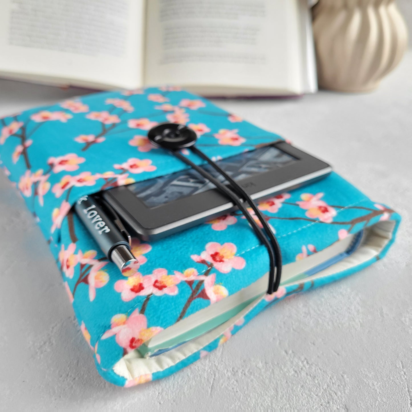 Cherry Blossom fabric book sleeve with pocket