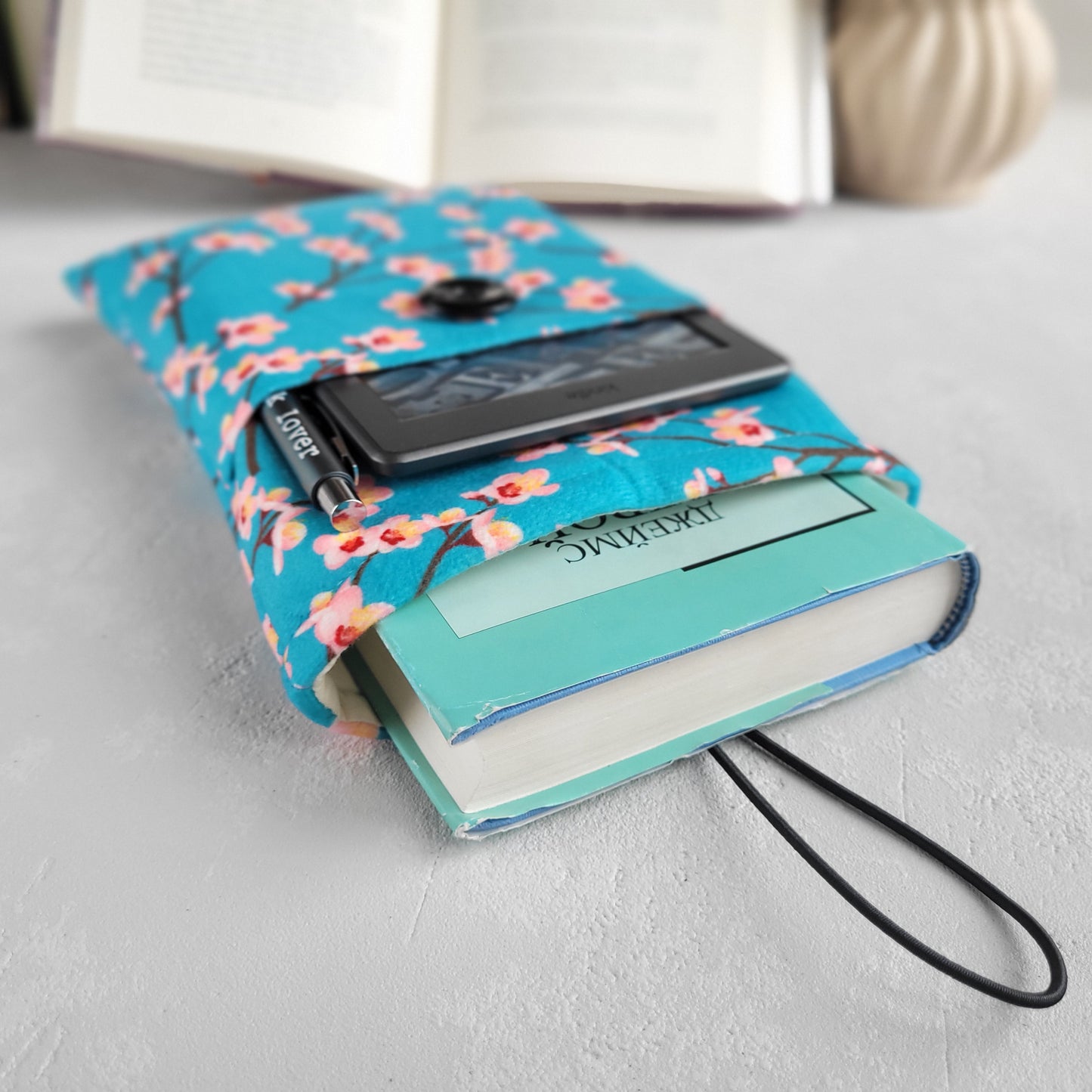 Cherry Blossom fabric book sleeve with pocket