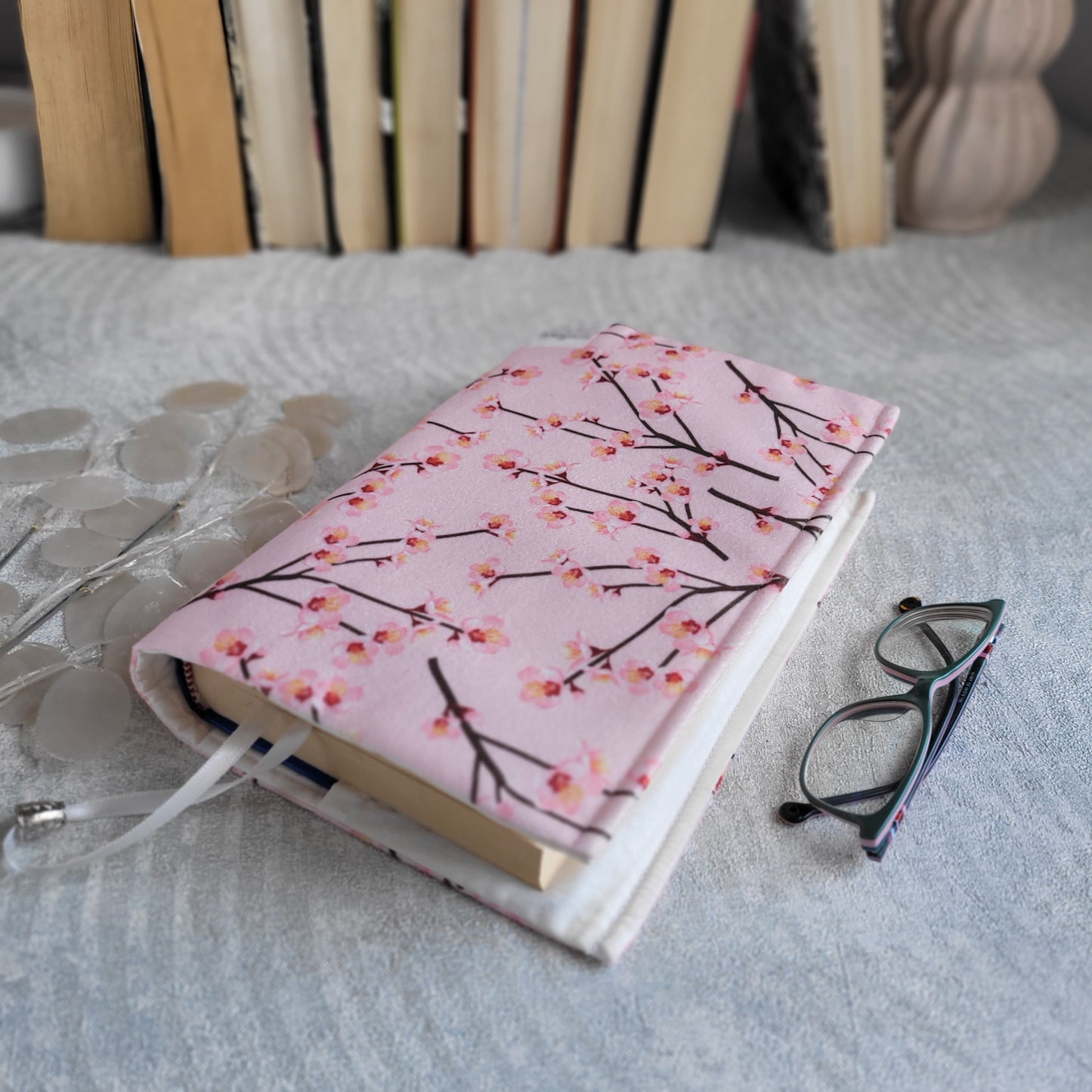 Fabric book cover pink cherry blossom