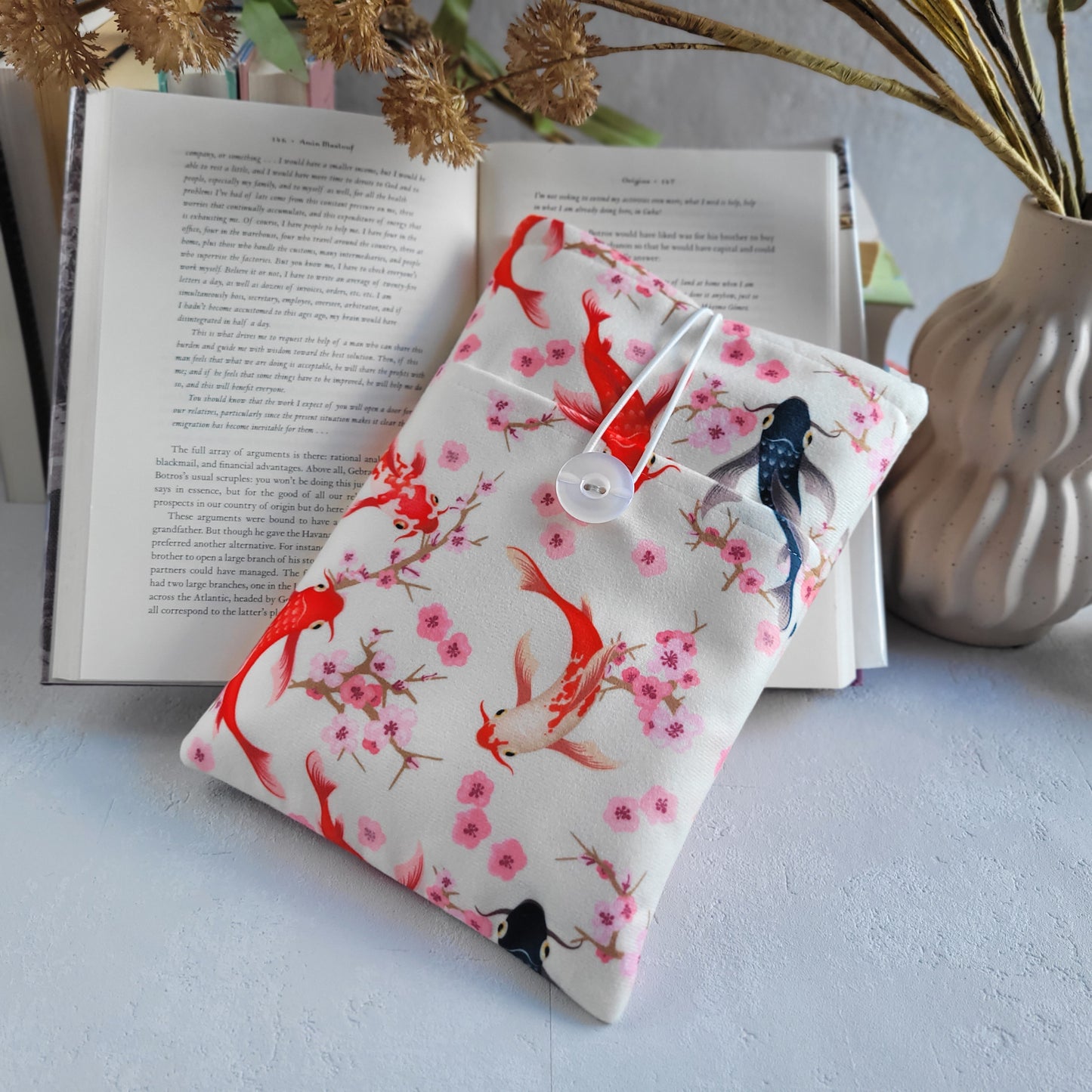 Koi Fish fabric book sleeve with pocket