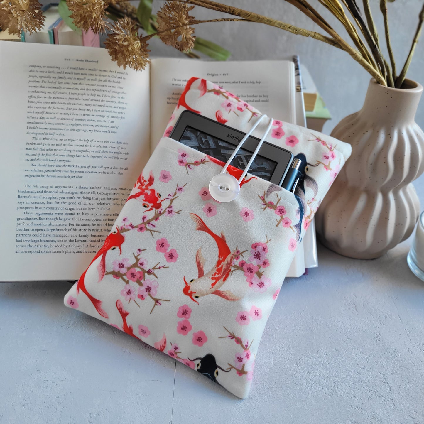 Koi Fish fabric book sleeve with pocket