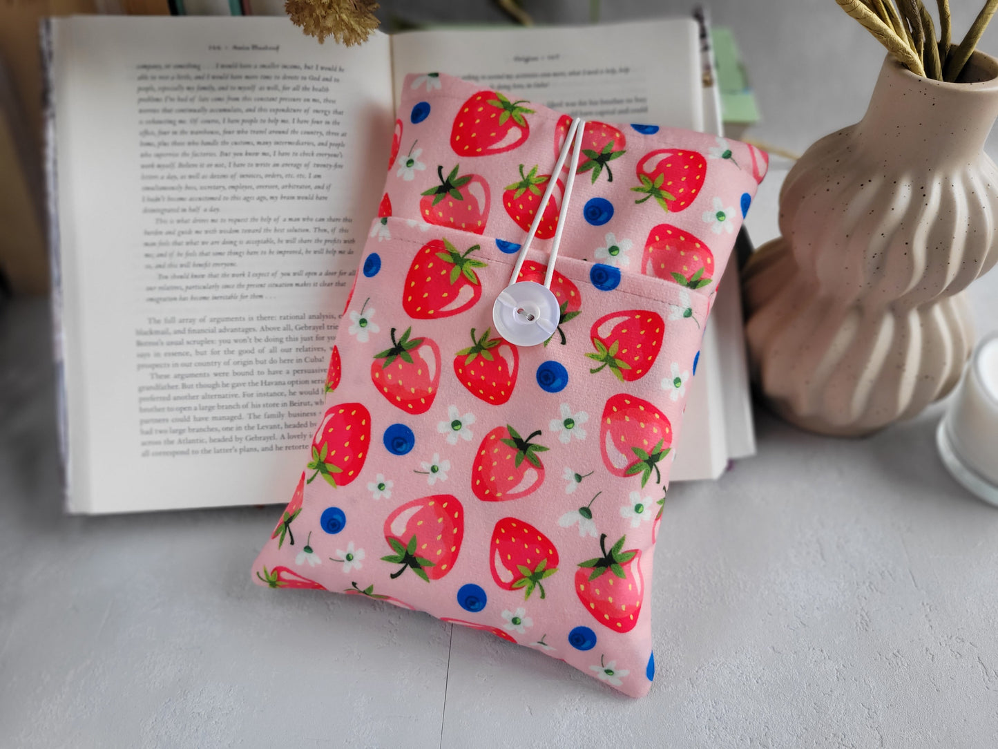 Strawberries book sleeve with pocket