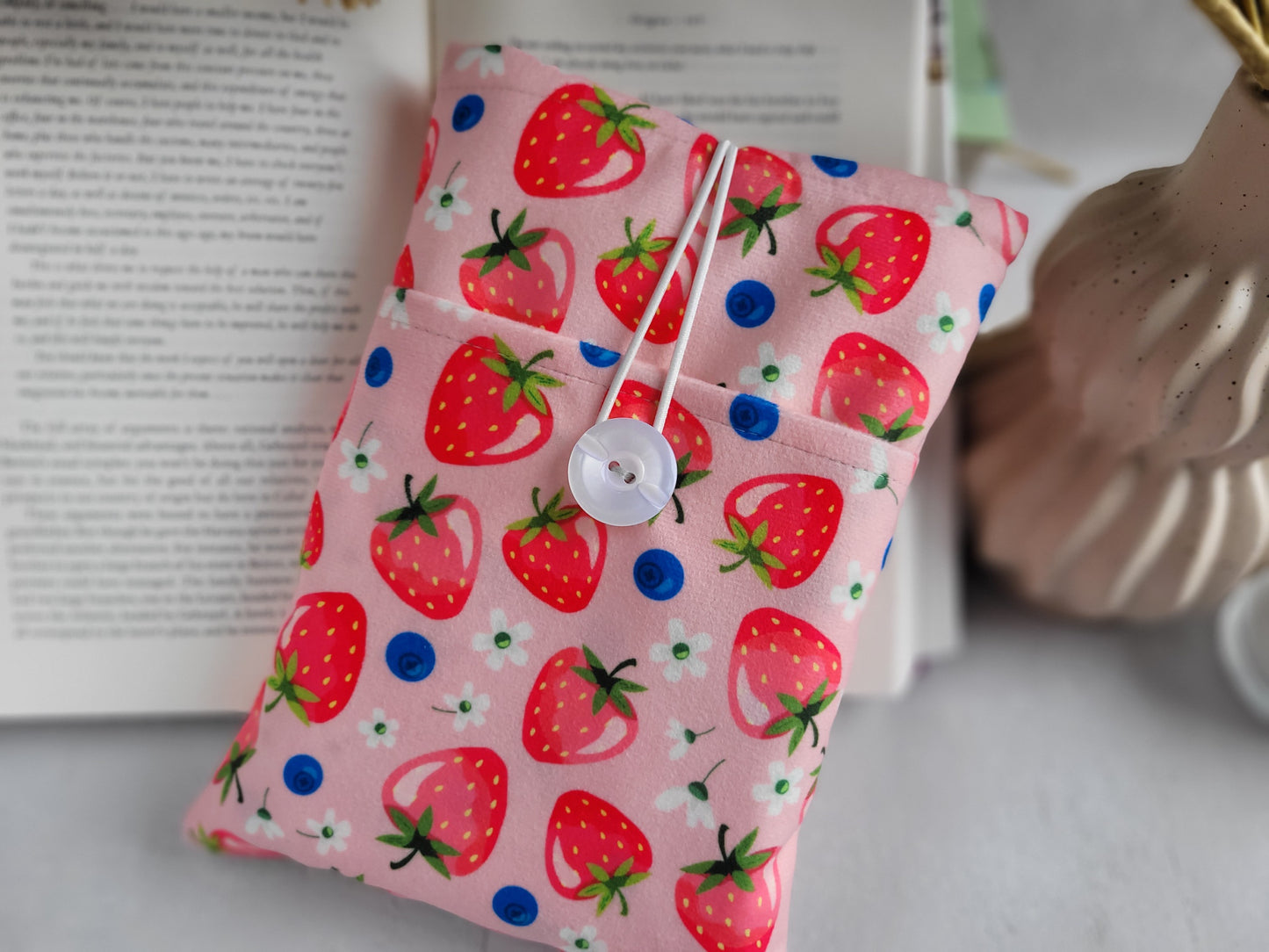 Strawberries book sleeve with pocket