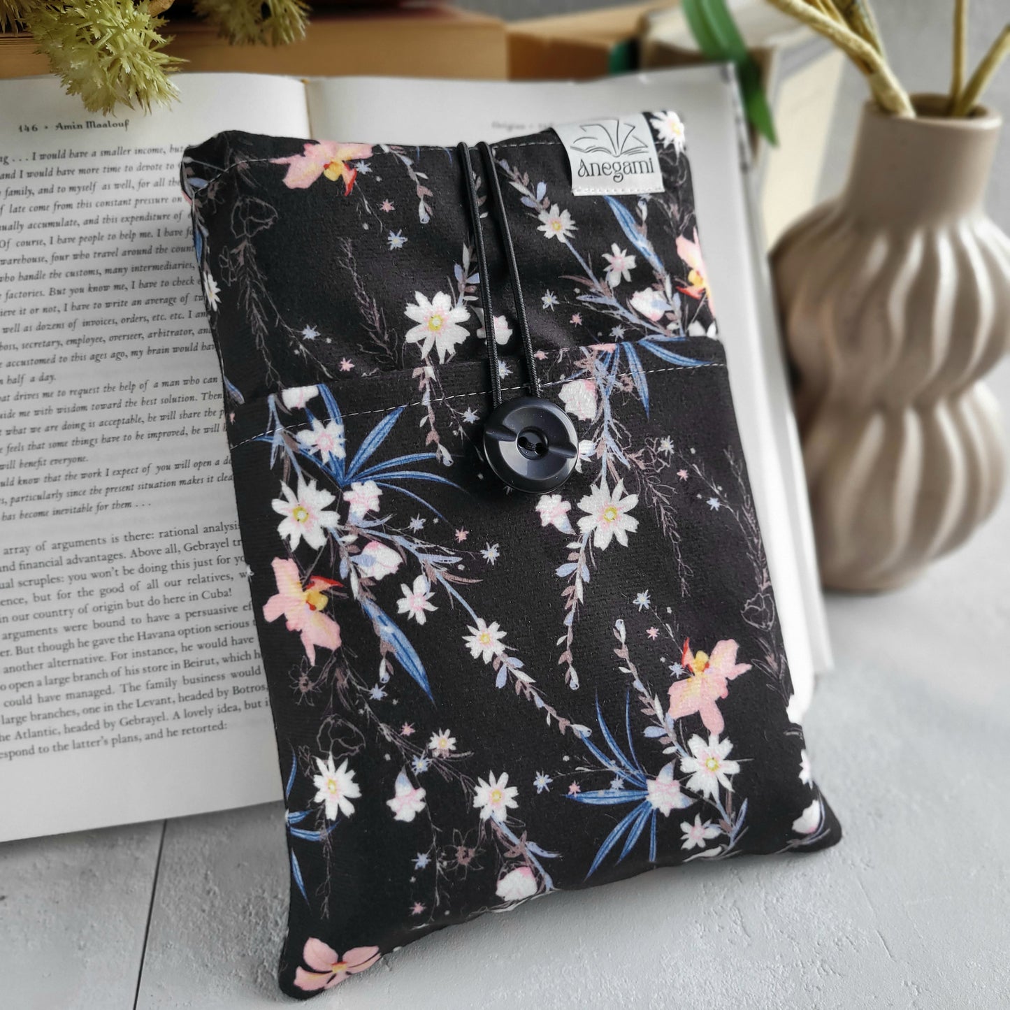 Black Floral book sleeve with pocket