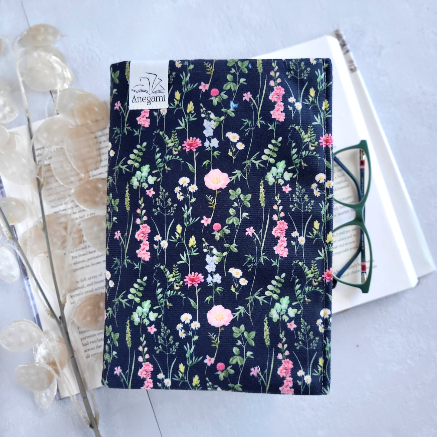 Black Floral fabric book cover