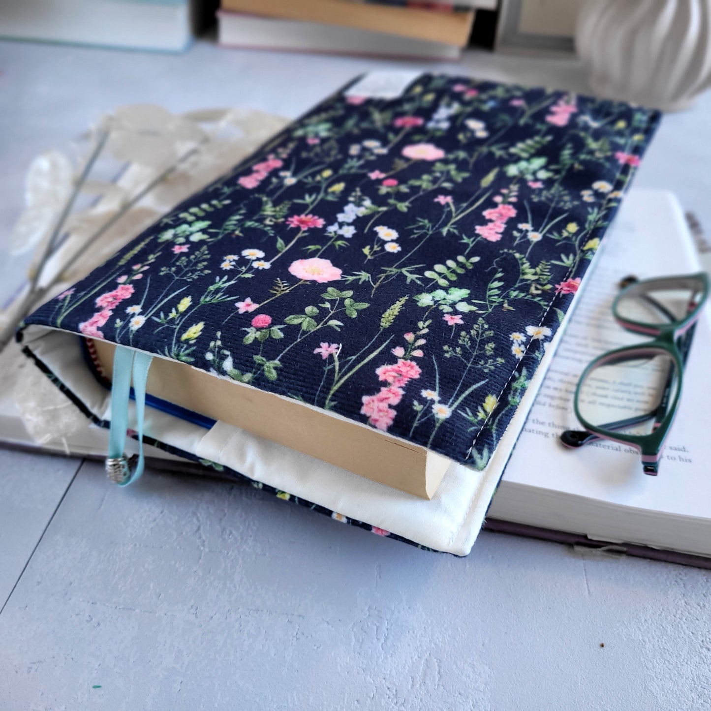 Black Floral fabric book cover