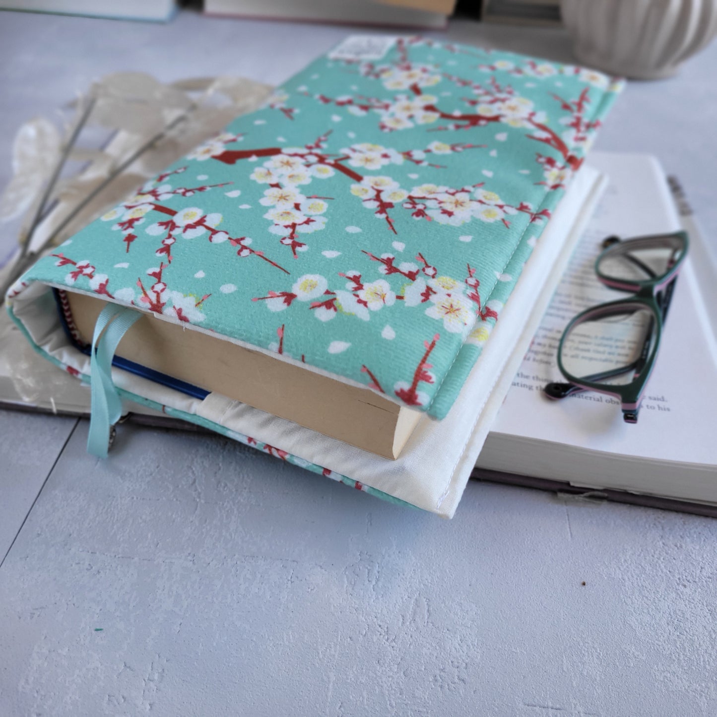 Green Cherry Blossom fabric book cover