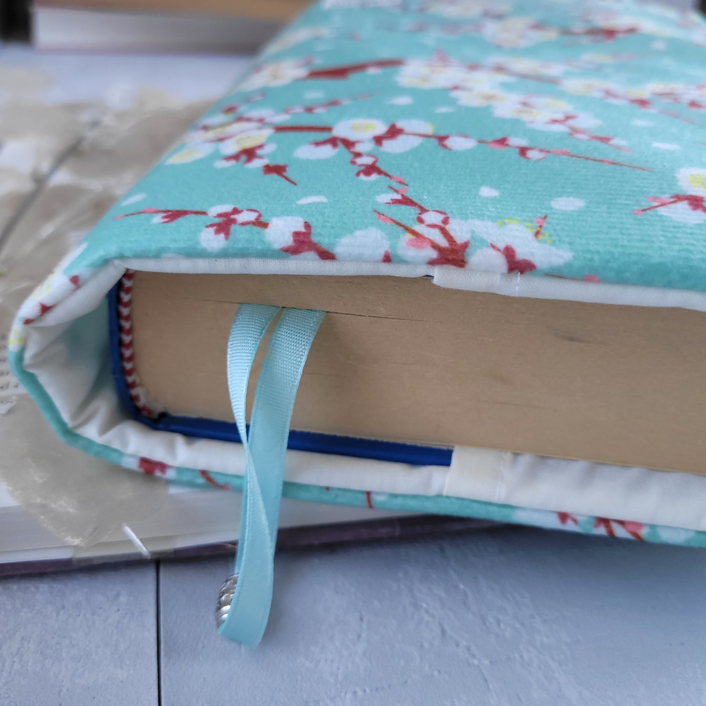 Green Cherry Blossom fabric book cover