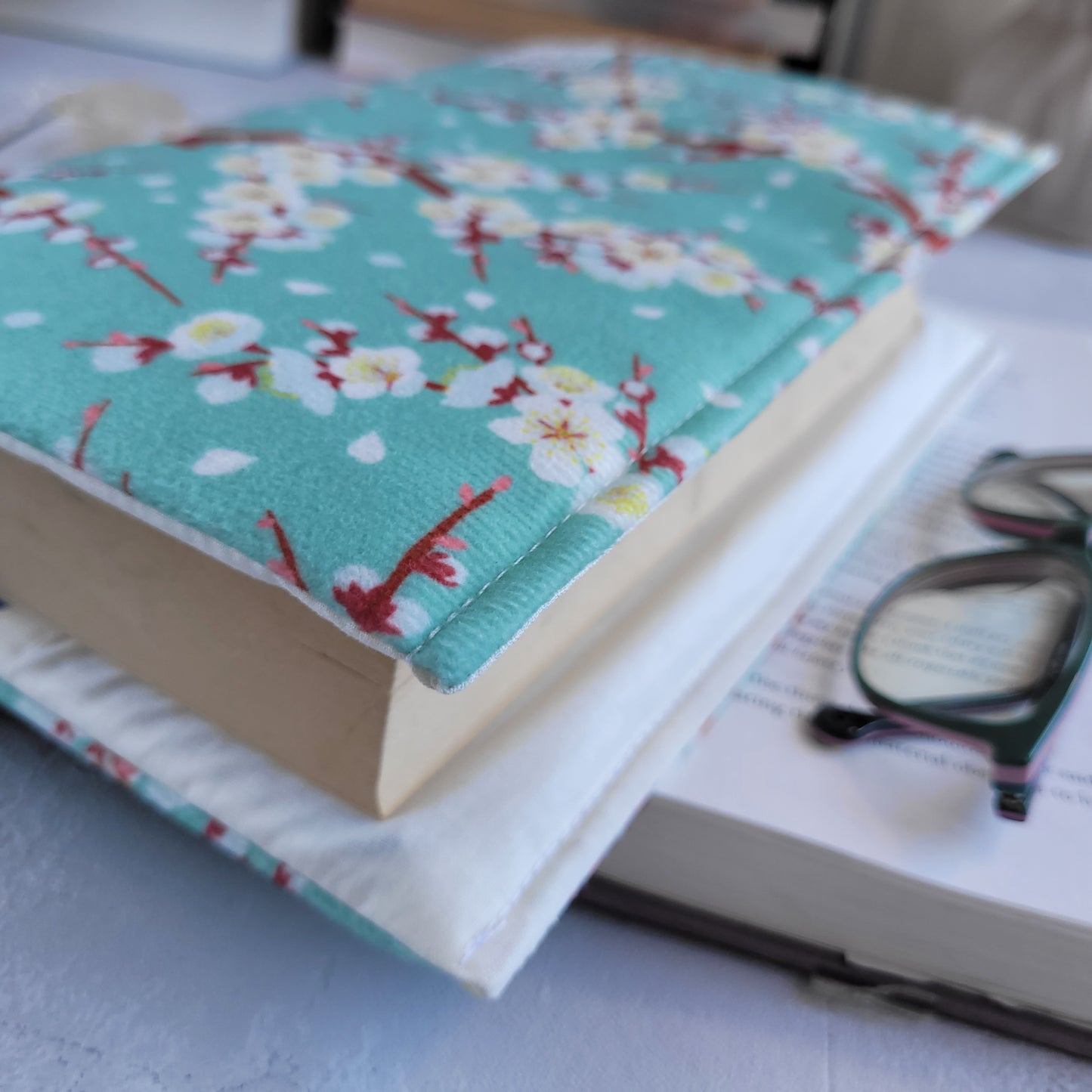 Green Cherry Blossom fabric book cover