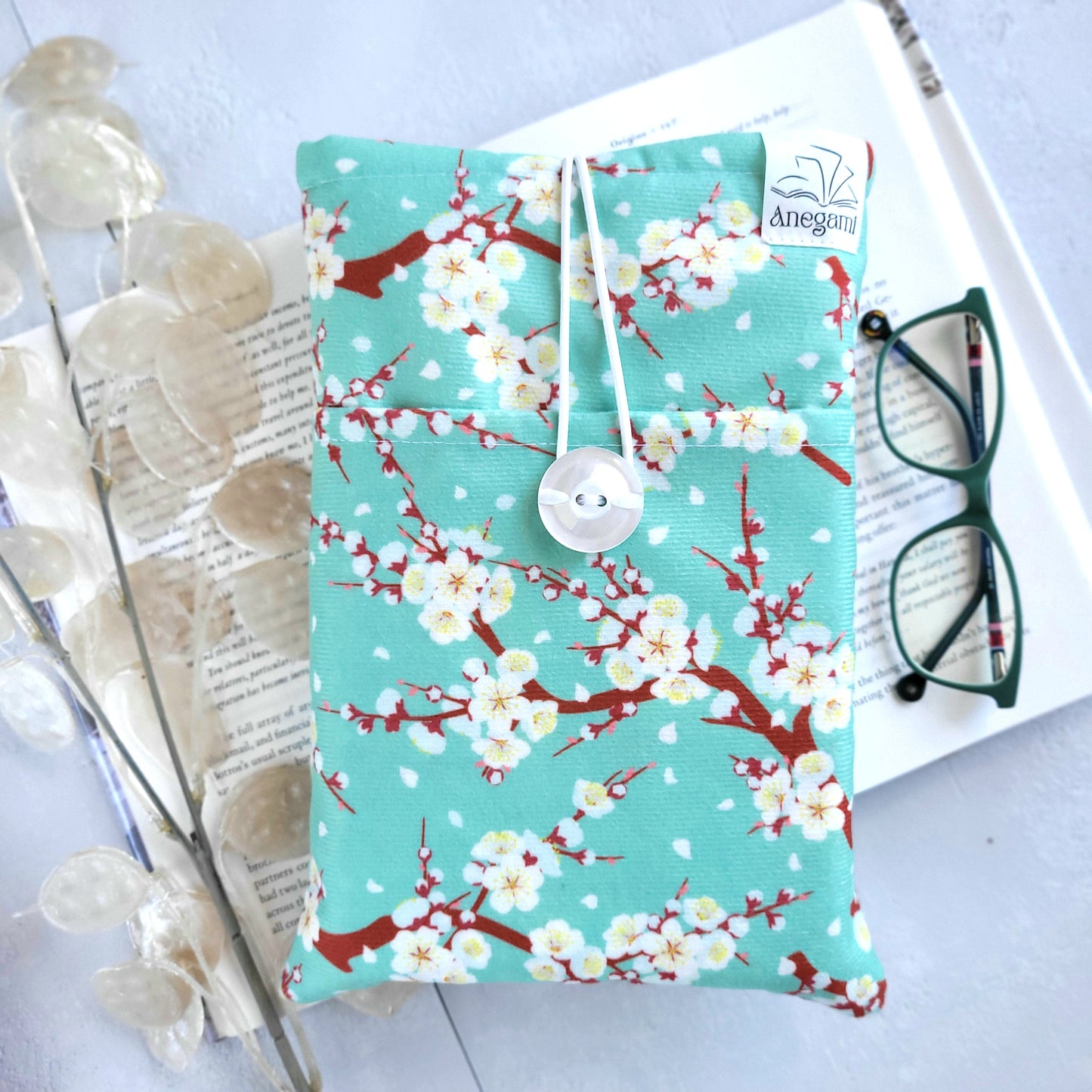 Green Cherry Blossom fabric book sleeve with pocket