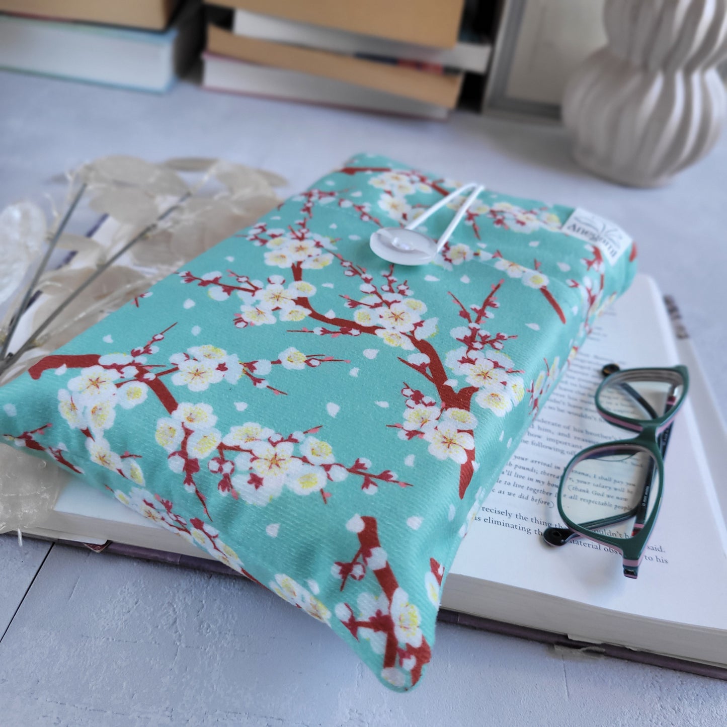 Green Cherry Blossom fabric book sleeve with pocket