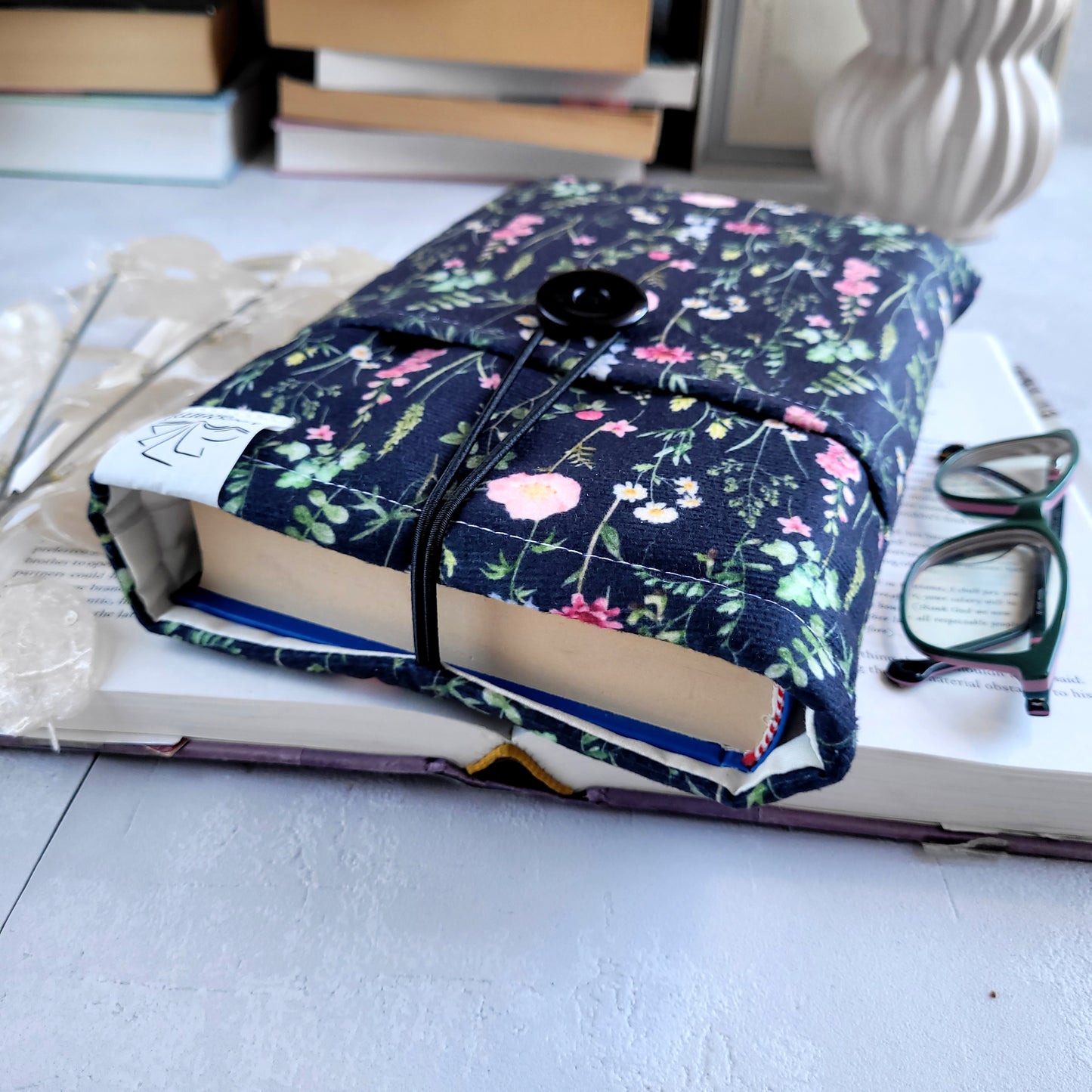 Floral fabric book sleeve with pocket