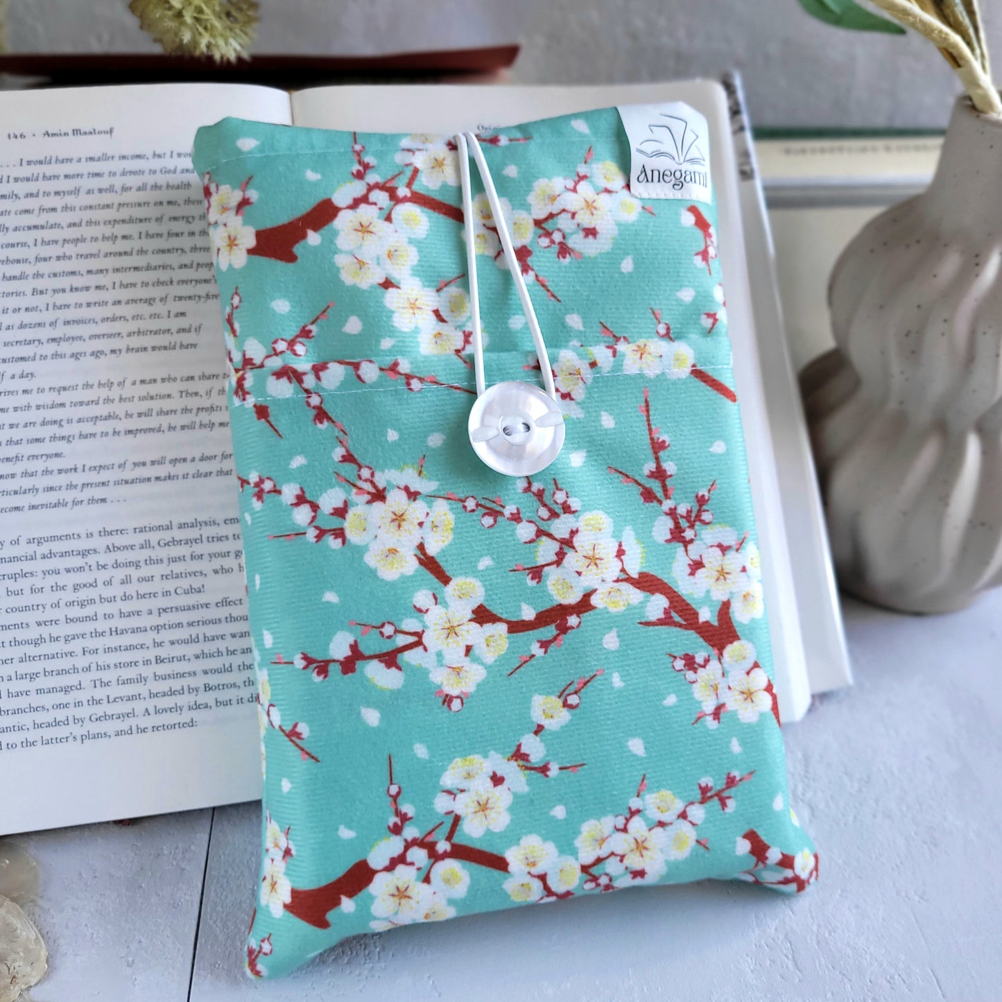 Green Cherry Blossom fabric book sleeve with pocket