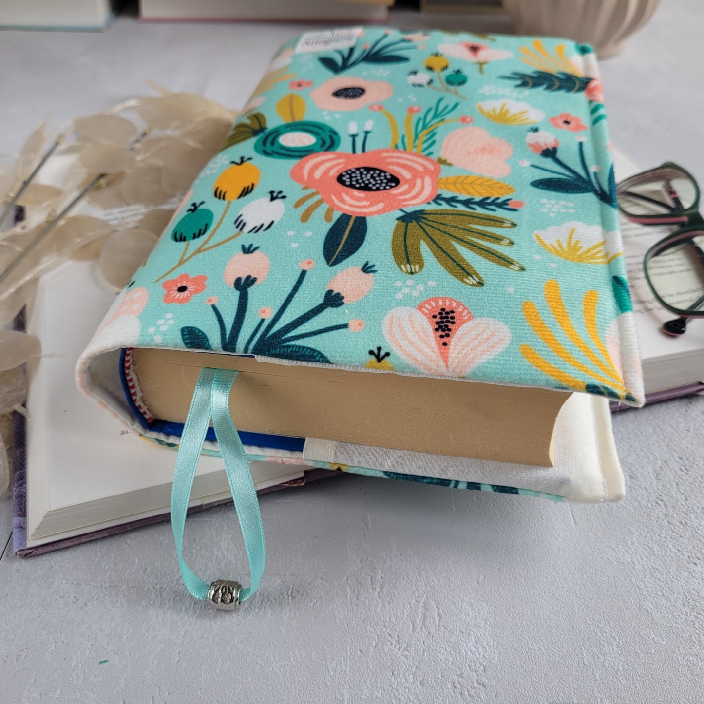 Green flowers fabric book cover