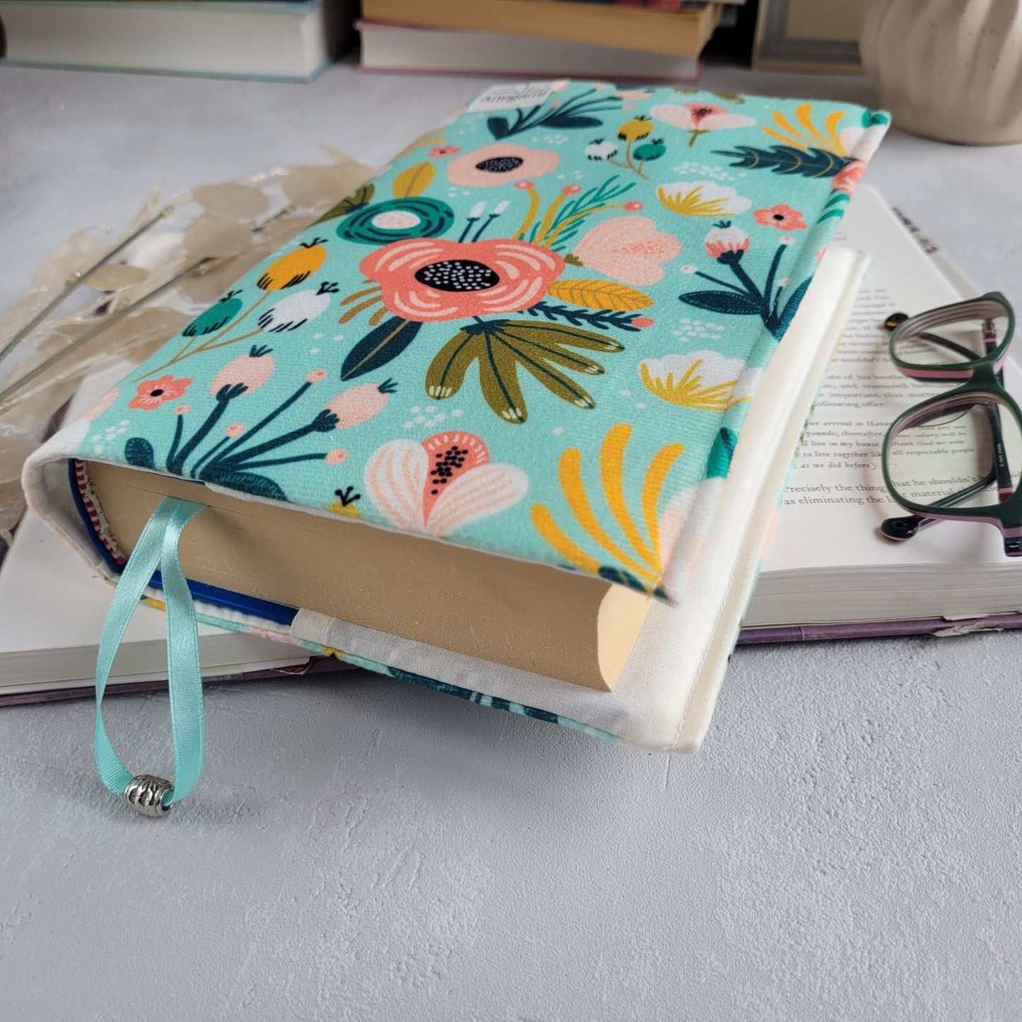 Green flowers fabric book cover